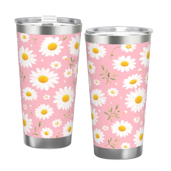 20oz Pink Daisy Floral Watercolor Spring Garden Insulated Tumbler with Handle and Straw Travel Cup Car Cup with Double Silver Rim