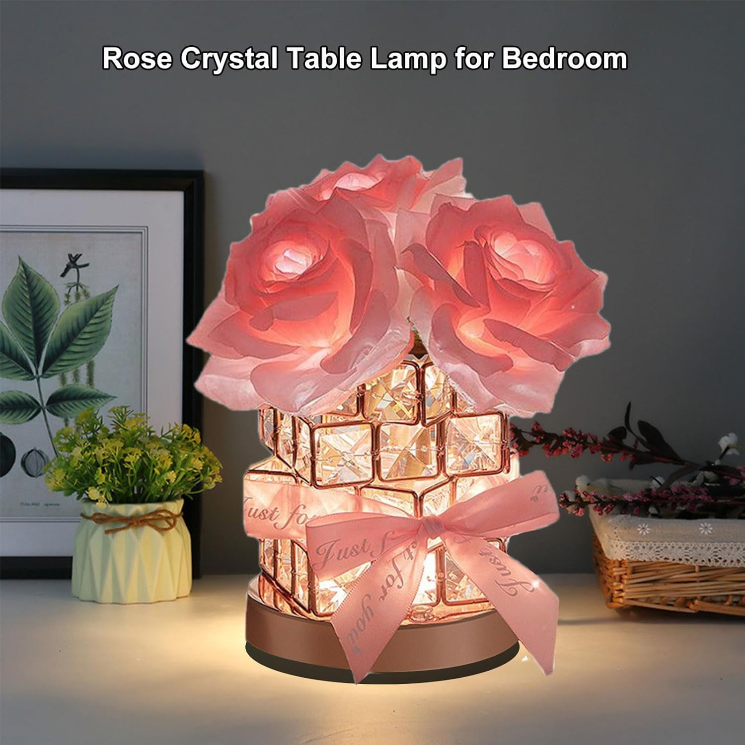 Rose Crystal Table Lamp, USB Charging 3 Colors Dimmable Flower Lamp Square Crystal Vase Romantic Gift Room Decoration for Women Wife Girlfriend
