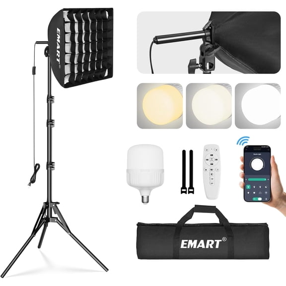 EMART Softbox Photography Lighting Kit, 16"x16" Pull Soft Box with Honeycomb Grid, 50W 3000K-6000K LED Bulb with Remote/APP Control, Softbox Lighting Kit for Video Recording, Live Streaming, Portrait
