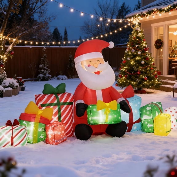 YIYADO Inflatable Santa Claus with Gift Box, Christmas Inflatable Yard Decoration with Built-in LED Lights, Suitable for Holiday Display Lawn Garden Party Decoration