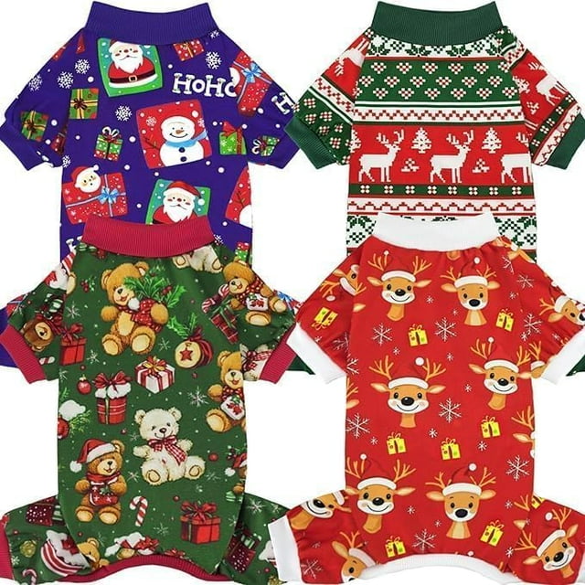 Pijama para perros XPUDAC, 4 piezas, para perros pequeños, trajes navideños