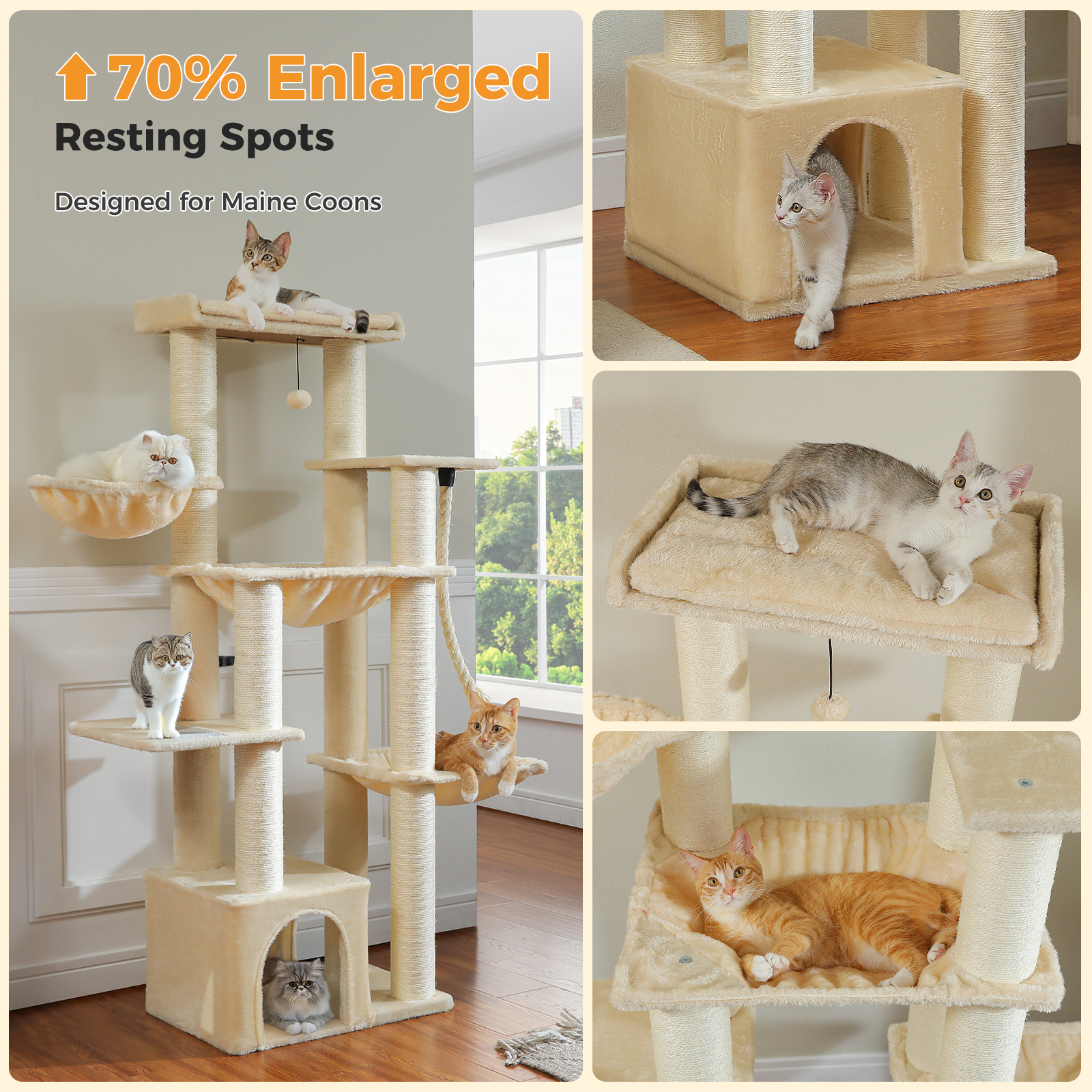 PEQULTI 67" Maine Coon Cat Tree Large Cat Tower for Indoor Cats with 8 Thick Scratching Post Beige