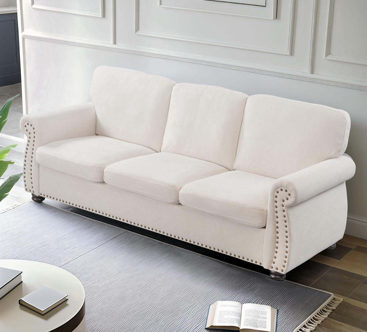 US Pride Furniture 91 in. Wide Rolled Arm Velvet Modern Rectangle Sofa in Ivory For Home