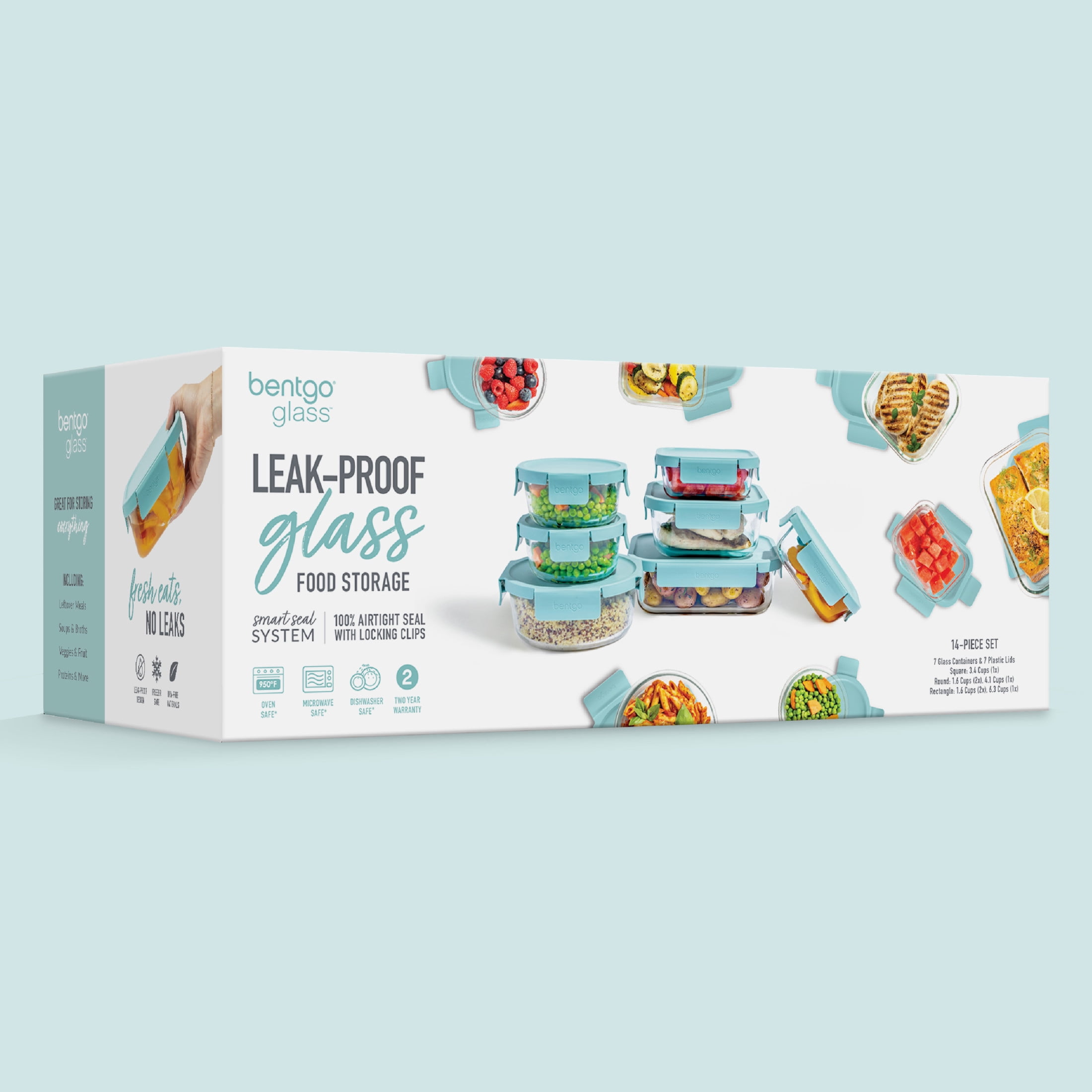 Bentgo Glass Leak-Proof Food Storage Set - 14-Piece Glass Containers with BPA-Free Airtight Lids, Reusable & Durable for Leftovers & Meal Prep - Microwave, Freezer, Oven & Dishwasher Safe (Soft Aqua)