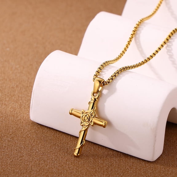 Waterproof Vintage 14K White Gold Charm Rose Cross Pendant Necklace For Men Women Jewelry Gift
