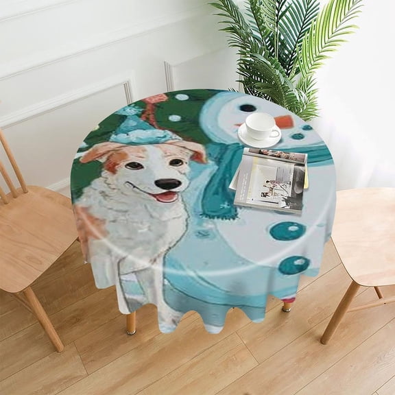 RKSupls 60 Inch Round Tablecloth, Dog Snowman Christmas Premium Polyester Straight Edge Wrinkle Resistant Washable Table Cover for Party Home Dining Decor