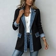 thumbnail image 6 of Women Denim Patchwork Knit Blazer Notched Lapel Contrast Long Sleeve One Button Loose Casual Fashion Jacket With Pockets Black L, 6 of 9