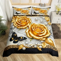 Manfei 3D Gold Rose Floral Comforter Cover Toddler for Girls, Chic Butterfly Bedding Toddler Size, Luxury Pearl Print Bed Set, Lightweight Bedroom Decoration, Zipper Closure and Reversible 2-Piece