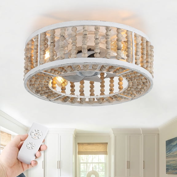 Cusp Barn 19" Farmhouse Wood Beaded Flush Mount Caged Ceiling Fan with Lights and Remote, Boho Fandelier, Bladeless Low Profile Ceiling Fan for Living Room