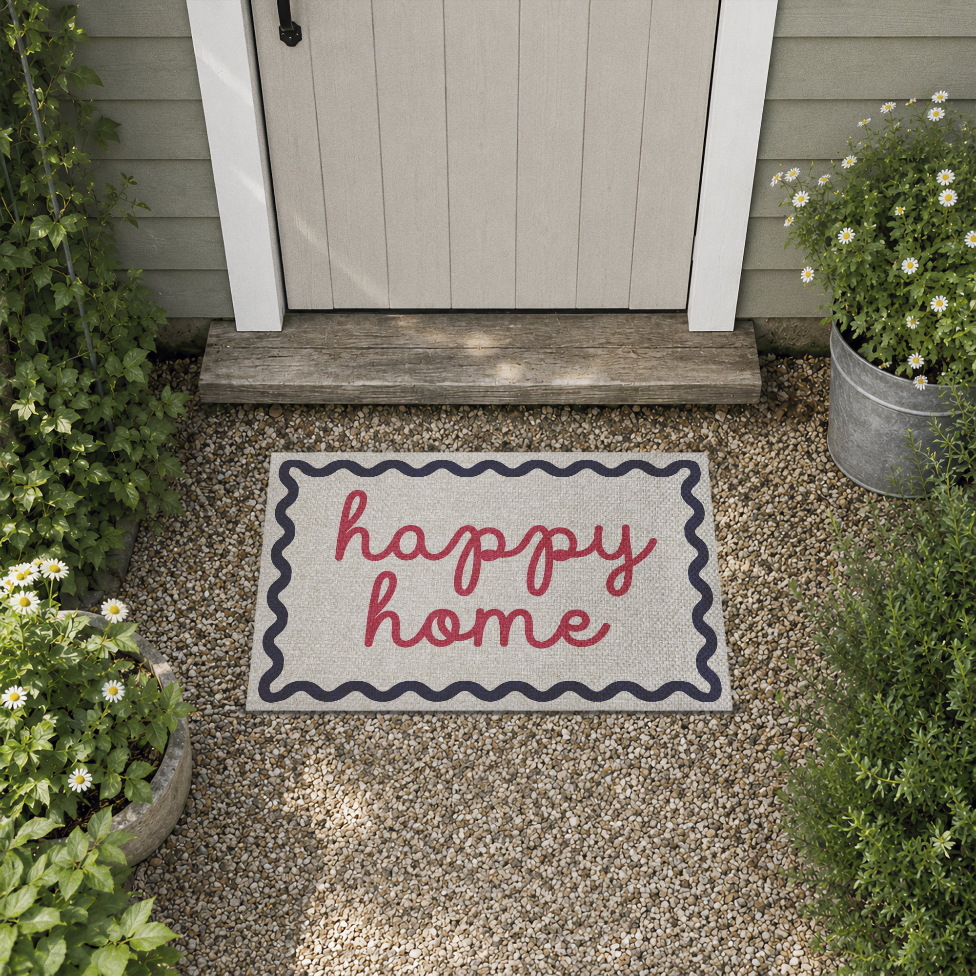 Stupell Industries Happy Words with Wavy Border Printed Outdoor Imitation Sisal Floor Mat, design by Lil' Rue