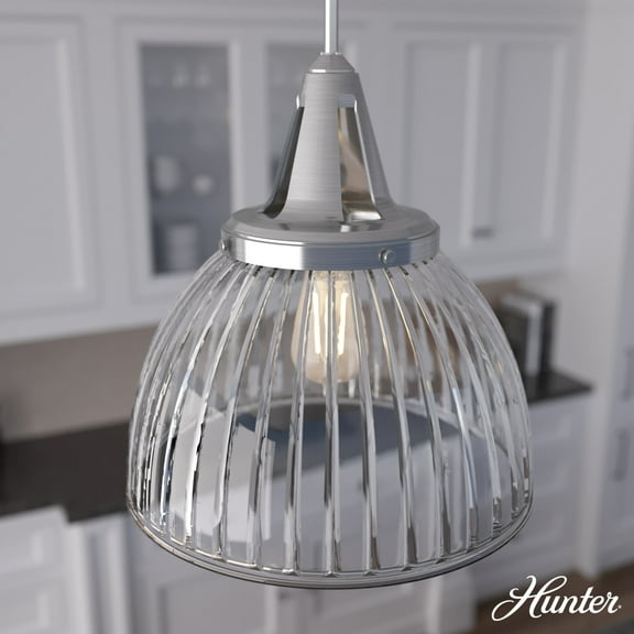 Hunter - Cypress Grove 1-light Brushed Nickel, Medium Size Pendant Light, Dimmable, Transitional Style, Dome Shaped, for Bedrooms, Dining, Living Rooms - 19350