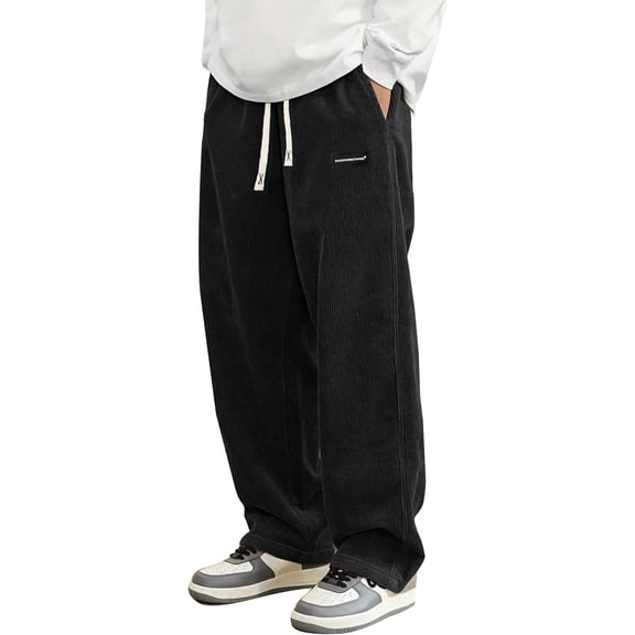 Mens Corduroy Casual Pants Fashion Loose Fit Wide Leg Pants Straight Sweatpants Elastic Waist Drawstring