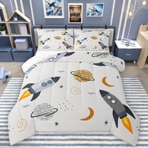Homewish Cartoon Rocket Bedding Comforter Set,Outer Space Twin Comforter Sets,Universe Stars Planet Bedding Set For Boys Kids,Microfiber Bedroom Decor Reversible,2pcs