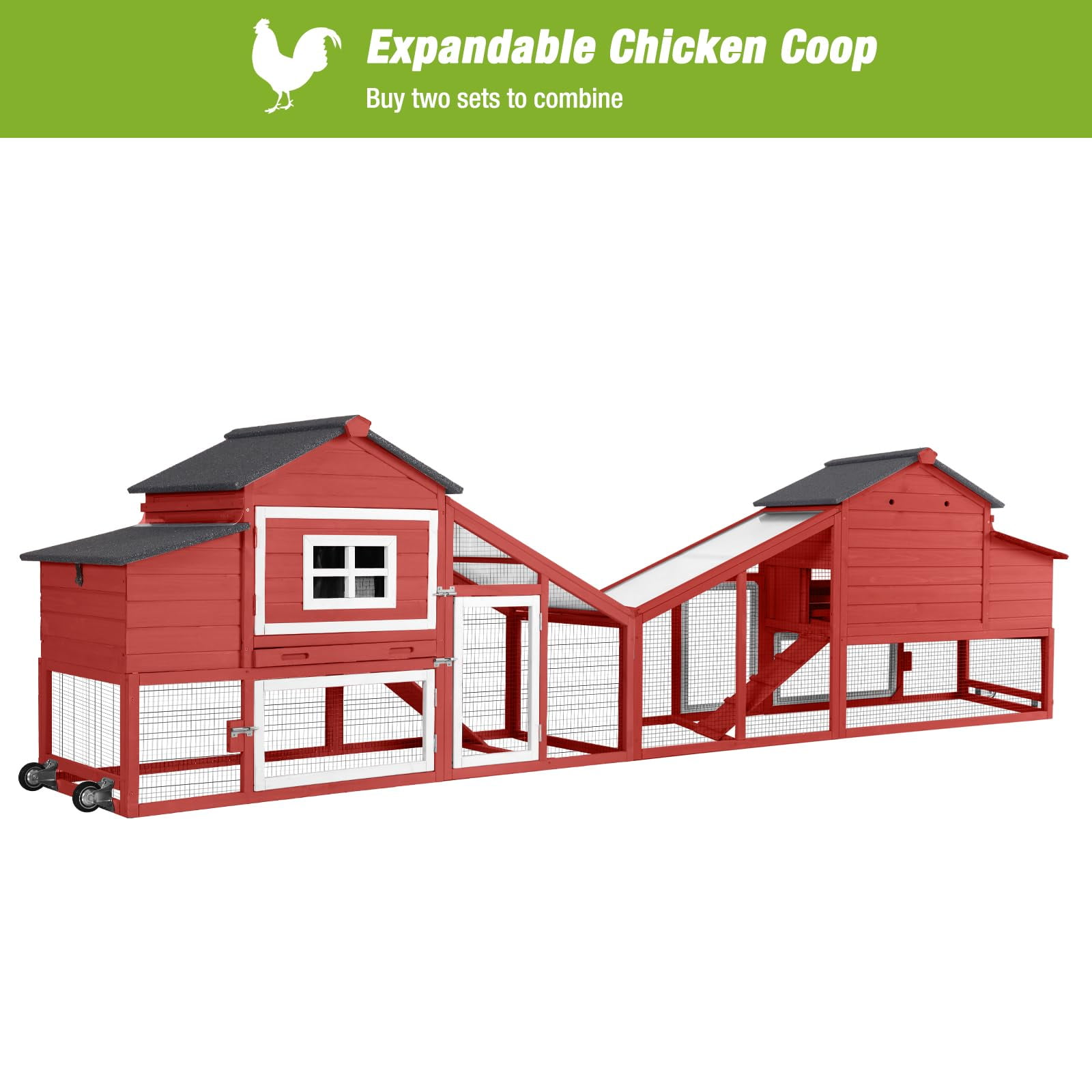 BUTINGLALE Outdoor Mobile Chicken Coop with Wheels Hen House with Nesting Box Wooden Bunny Cage Large Duck House with Run UV Roof Rabbit Hutch(Red)