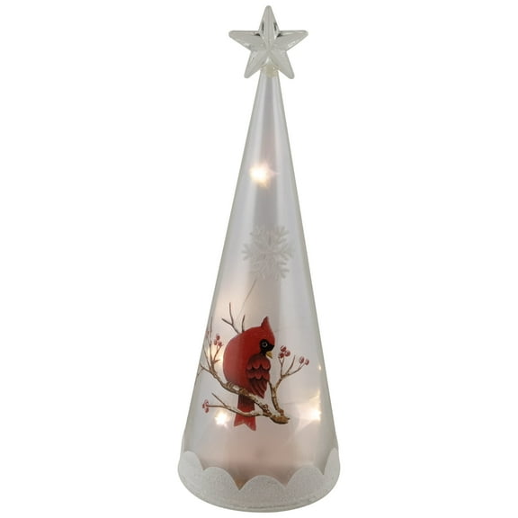 Northlight LED Lighted Cardinal and Snowflake Frosted Glass Christmas Cone Tree Decoration  - 9.5"