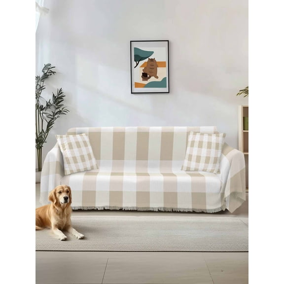 Beige Plaid Couch Cover, Spring Summer Farmhouse Buffalo Checkered Sofa Cover Blanket for 1 Seat Cushion, Sectional Sofa Slipcover Furniture Protector for Living Room Bedroom 71''x91''