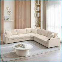 106" Convertible L-Shaped Sectional Sofa - Oversized Corduroy Couch with Armrest Storage, USB & Cup Holders for Living Room | Beige | Corduroy | Square Arms