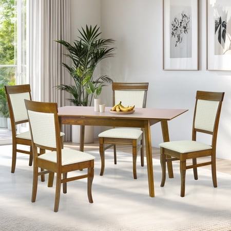 Dining Table Set for 4 Classic Style Solid Wood Ronda Chairs w Extendable Rectangular Table Kitchen Room Set Medium Brown Color w Beige Fabric