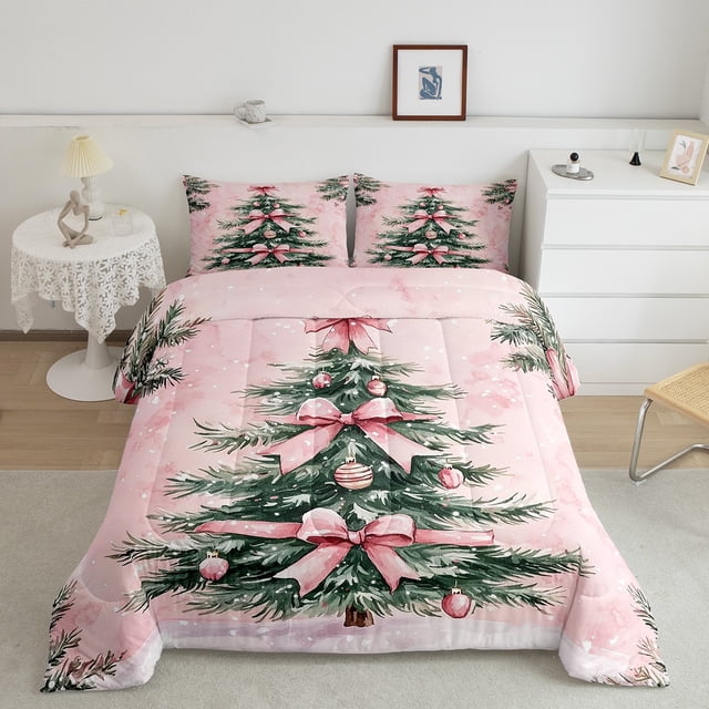 Ensemble de Literie Sapin de Noël Vert & Ensemble de Couette Nœud Rose, Ensemble de Literie Ornements Sapin de Noël Complet, Insert de Couette de Noël Décorations de Noël Roses Intérieures