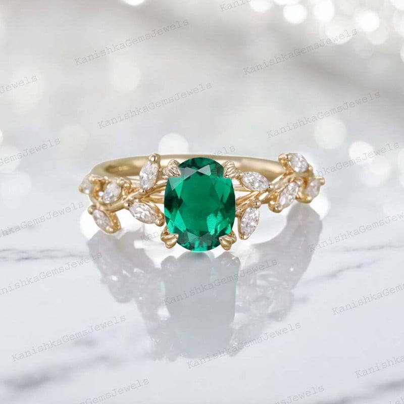 KANISHKAGEMS&JEWELS 2Ct 8x6mm /Oval Emerald Engagement Ring CZ Diamond Leaf Twig Ring Nature Inspired Women Jewelry Anniversary Gift For Wife