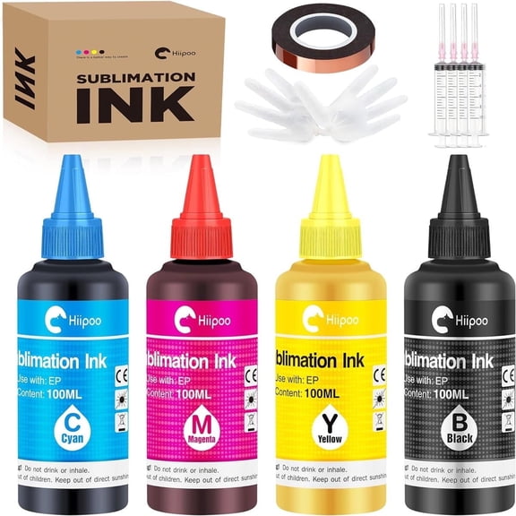Hiipoo Sublimation Ink Refilled Bottles with Heat Tape Refill for ET2400 XP4105 XP4100 ET2720 ET2760 ET2750 ET4800 ET-2800 ET-2803 ET-2850 Inkjet Printers Heat Press Transfer on Mugs T-Shirts（BCMY）
