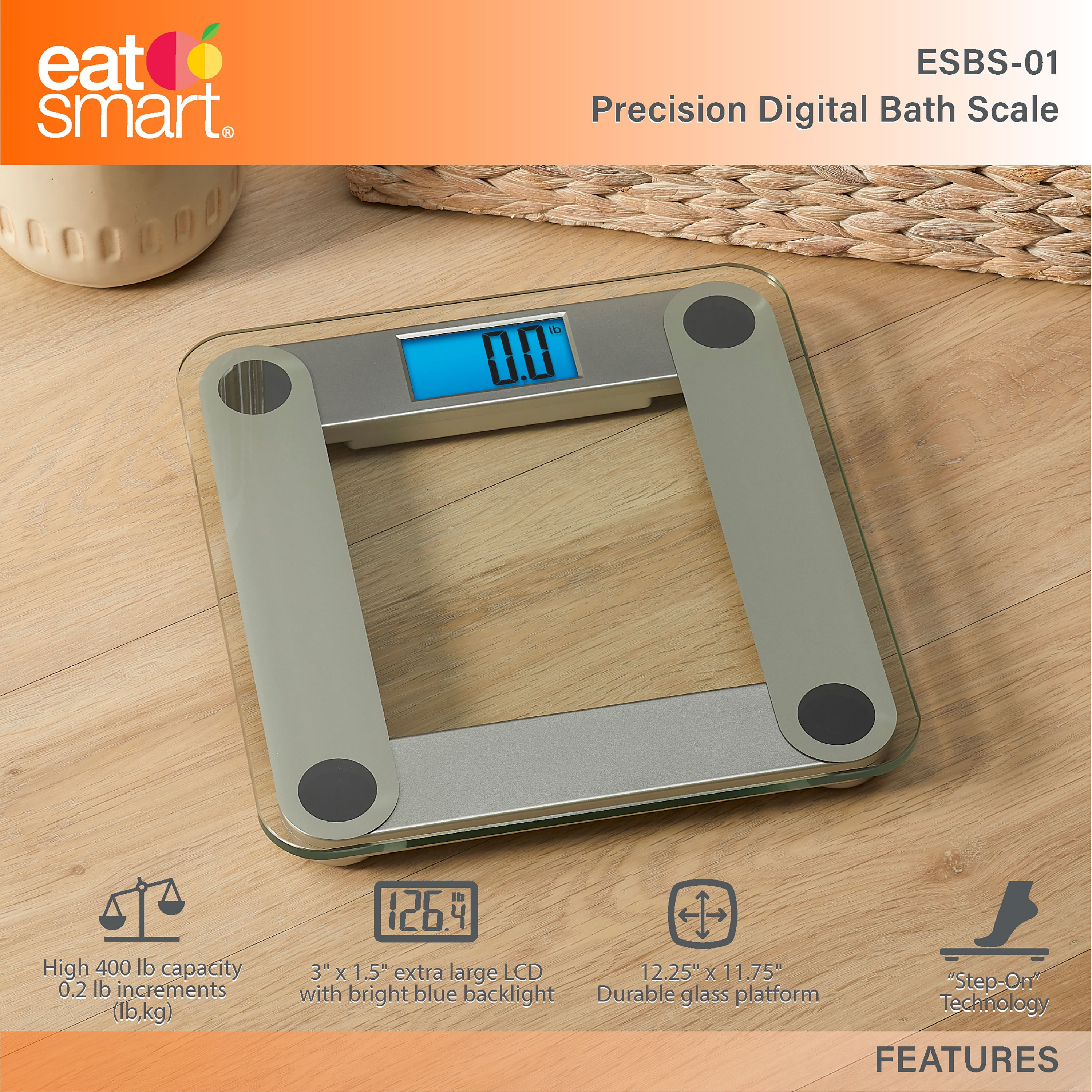 EatSmart Digital 400Lb Capacity Glass Bathroom Scale with Silver Accents