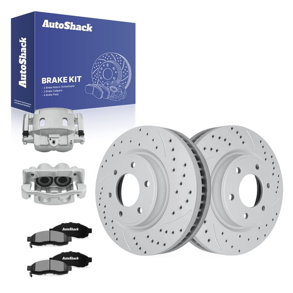 AutoShack Front Vented Drilled & Slotted Coated Brake Rotors Silver Matte Finish   Ceramic Pads   Calipers 8-PC Brake Kit Replacement for 2007 Nissan TITAN TurboGuard 13.77" (349.7 mm)