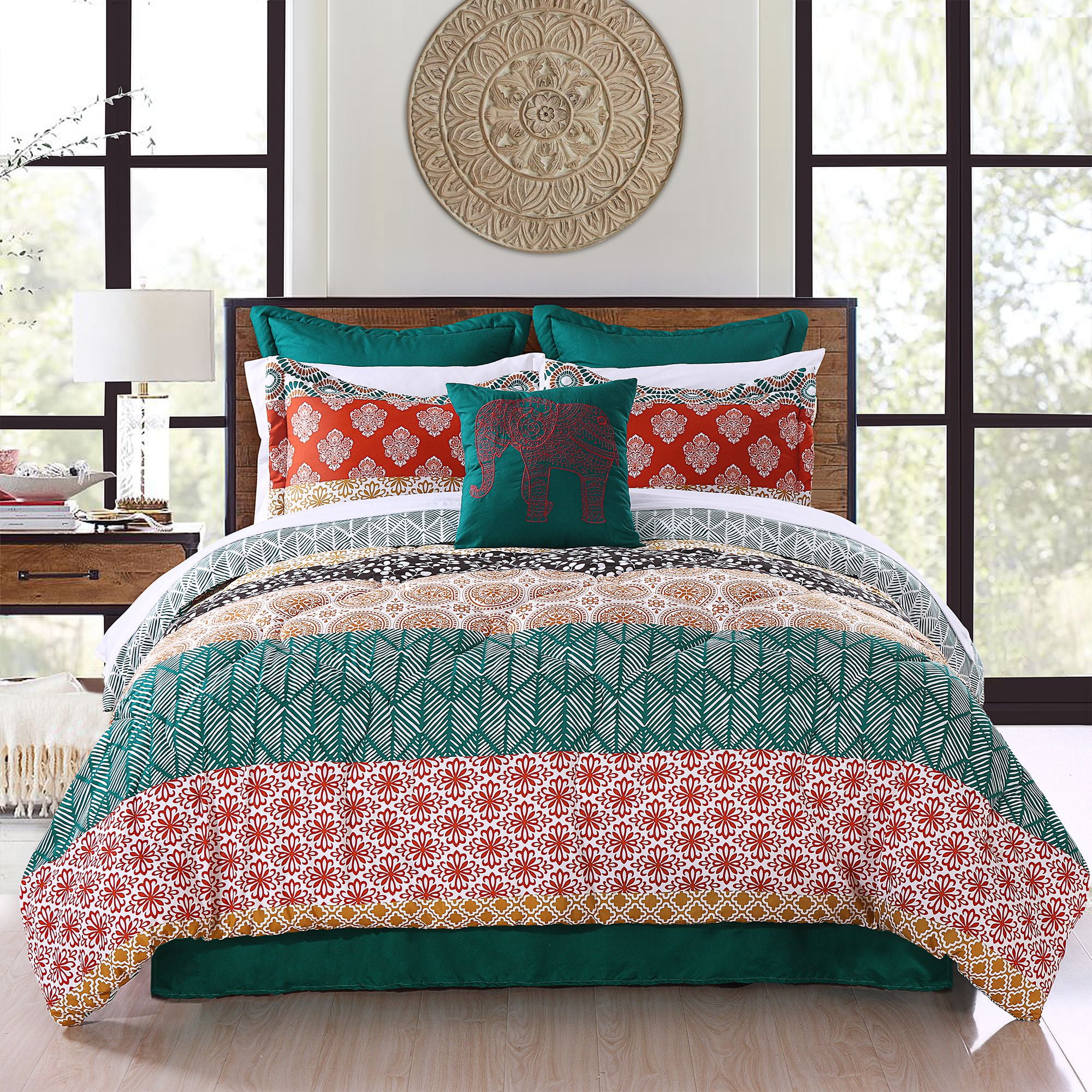 5 Pc Boho Reversible Quilt Set Colorful Bedroom Bed Decor Pillow Full Queen King