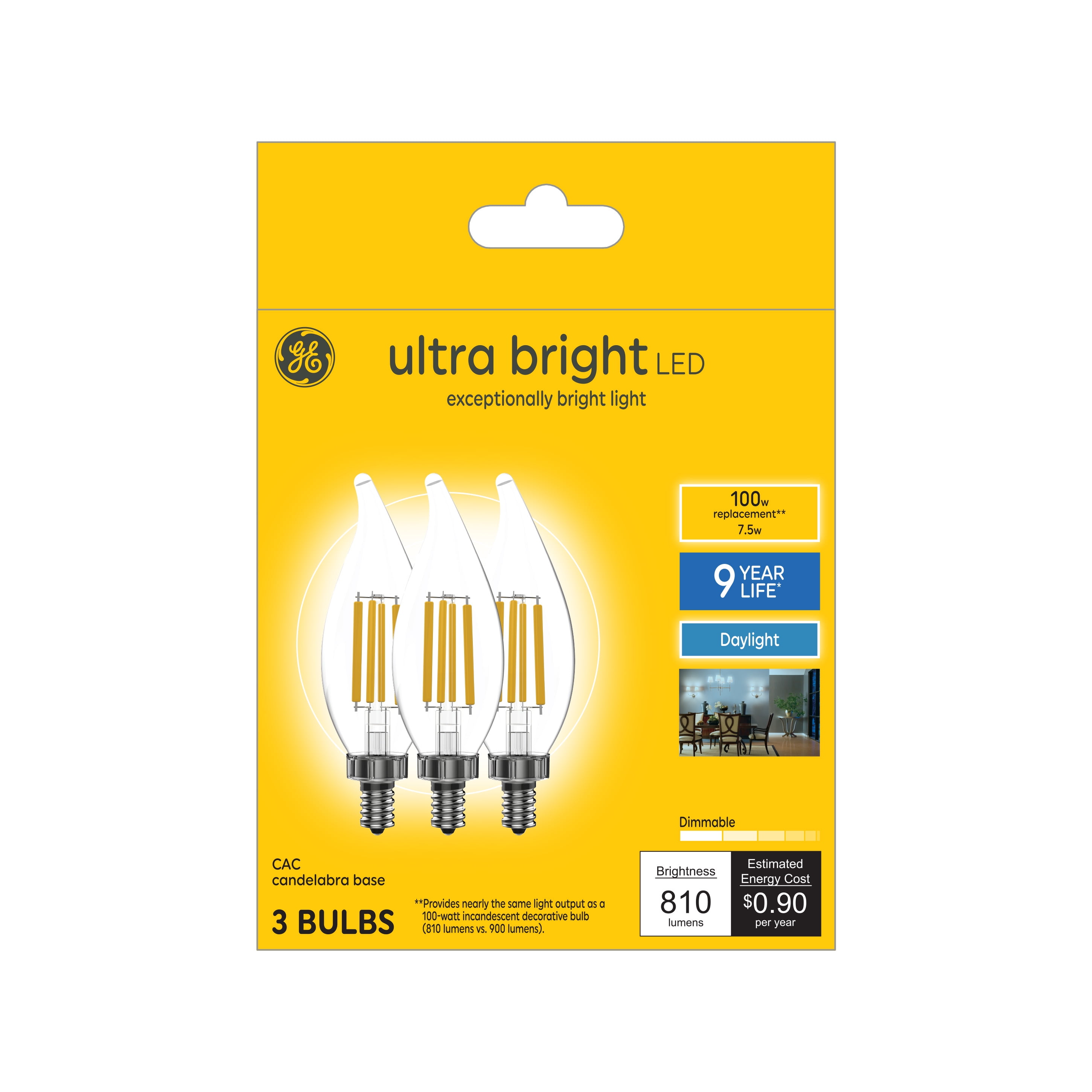 GE Ultra Bright LED Light Bulbs, Daylight, Decorative Bent Tip Bulb Shape, 100 Watt Replacement, Candelabra Base, Dimmable (3 Pack)