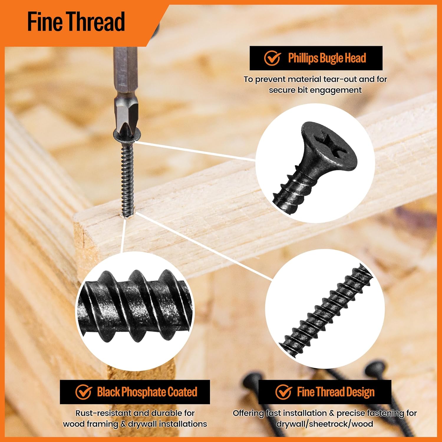 MEITE Drywall Screws, #7 x 2 Fine Thread Black Phosphate Finish Phillips Drive Screws for Drywall, Wood and Furniture (25 LBS)