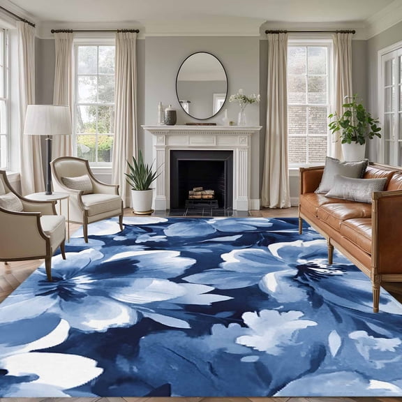 5'x8' Area Rugs, Navy Blue Spring Floral Indoor Outdoor Area Rug for Living Room Bedroom, Summer Flowers Watercolor Washable Bathroom Rugs Kitchen Floor Carpet Mats Home Decor Aesthetic