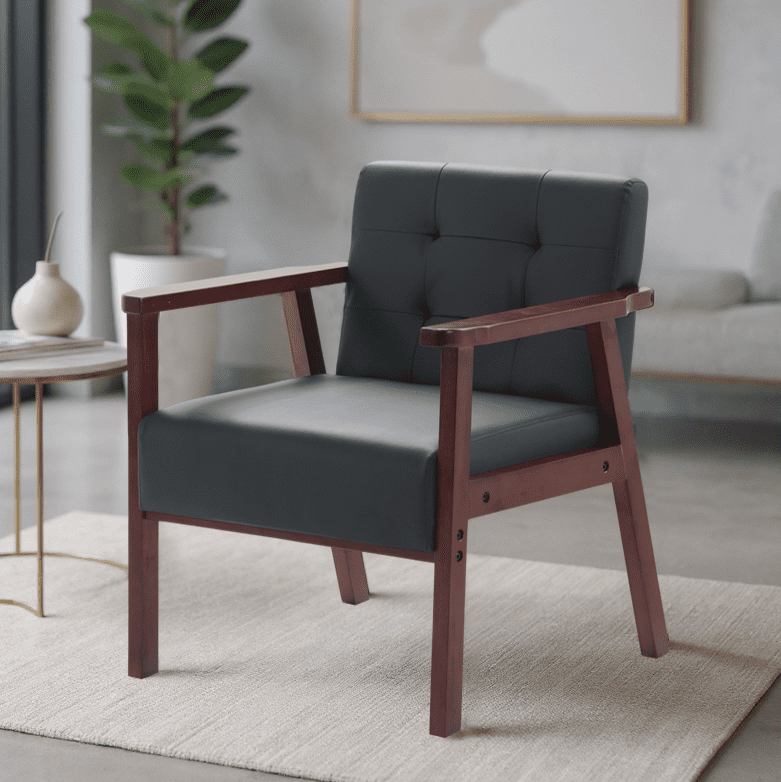 Gewnee Wood Frame Accent Armchair with Anti-Slip Foot Pads, for Living Room, Bedroom and Office, Black PU