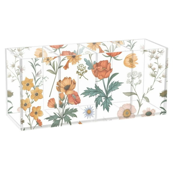 Different Wildflower Acrylic Pencil Pen Holder Cup 4 Compartments Desktop Organiser 7.87"x2.78"x3.54"