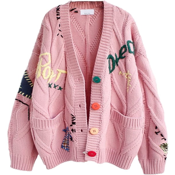Cárdigan de punto trenzado de manga larga con frente abierto para mujer, cuello en V y botones, mezcla de lana, suéter para exteriores Rosado CH Rosado CH Xishao ropa
