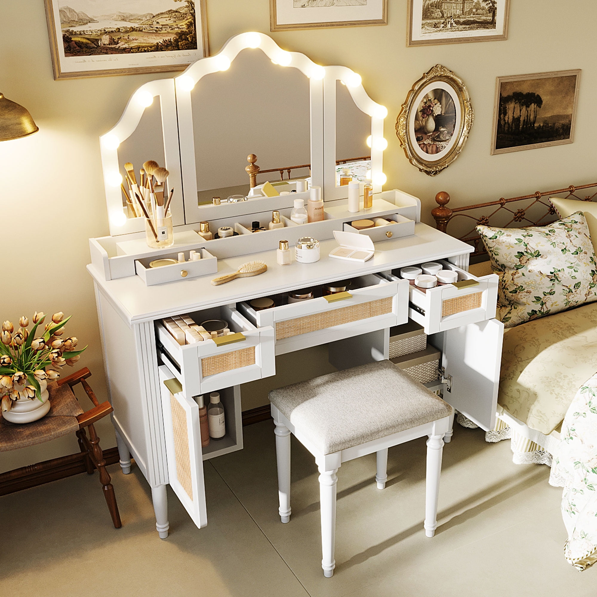 Mintazer 44" Makeup Vanity Set with Tri-Fold LED Mirror & Charging Station, Dressing Table with 5 Drawers & 2 Cabinets and Stool, Makeup Vanity Desk with Hollywood Bulbs for Bedroom, White