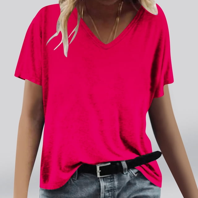 Fiudx Liquidación de Ahorros de Verano Moda Mujer Casual Cuello En V Blusa Sólida Manga Corta Camiseta Verano Tops