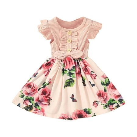 

Efsteb Summer Kids Infant Toddler Girls Dresses Casual Round Neck Buttons Ruffled Sleeveless Stitching Floral Dress Pink 18-24 Months