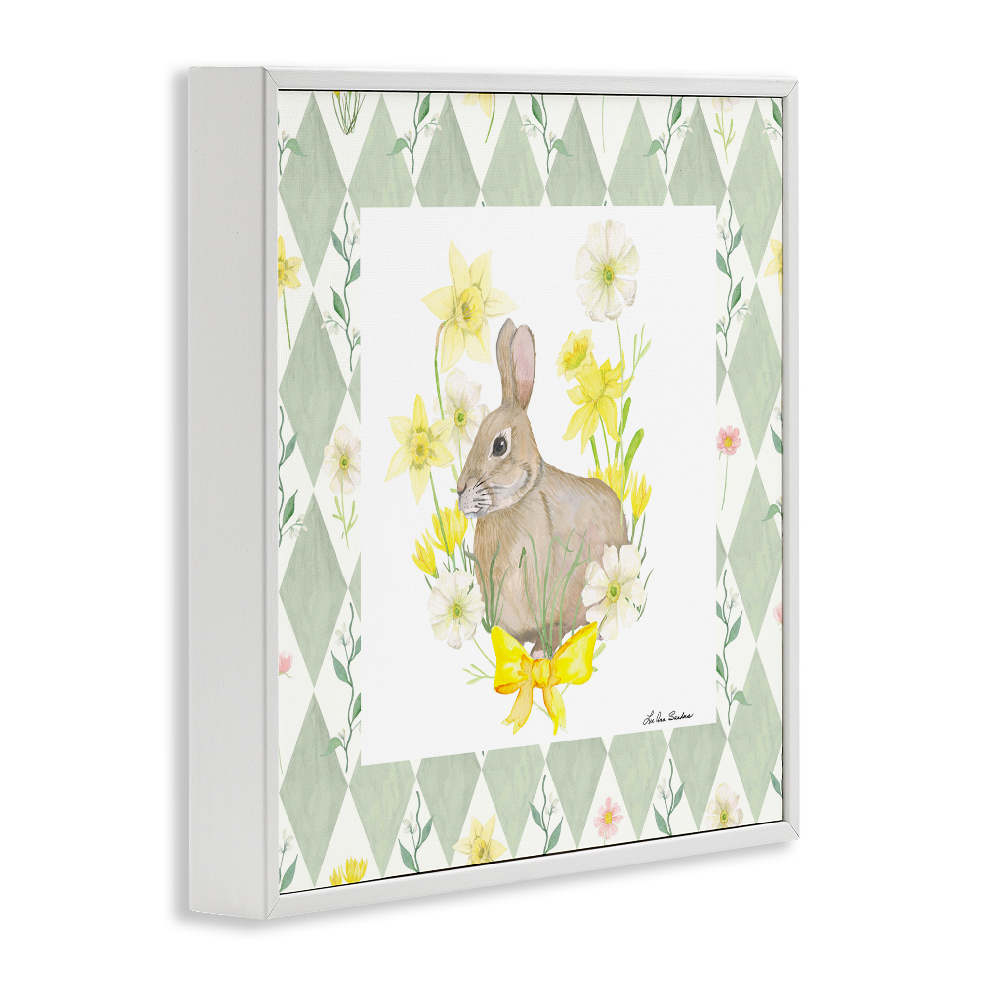 Mother Bunny on Green Argyle White Framed Giclee Art, design by Lee Ann Sanders
