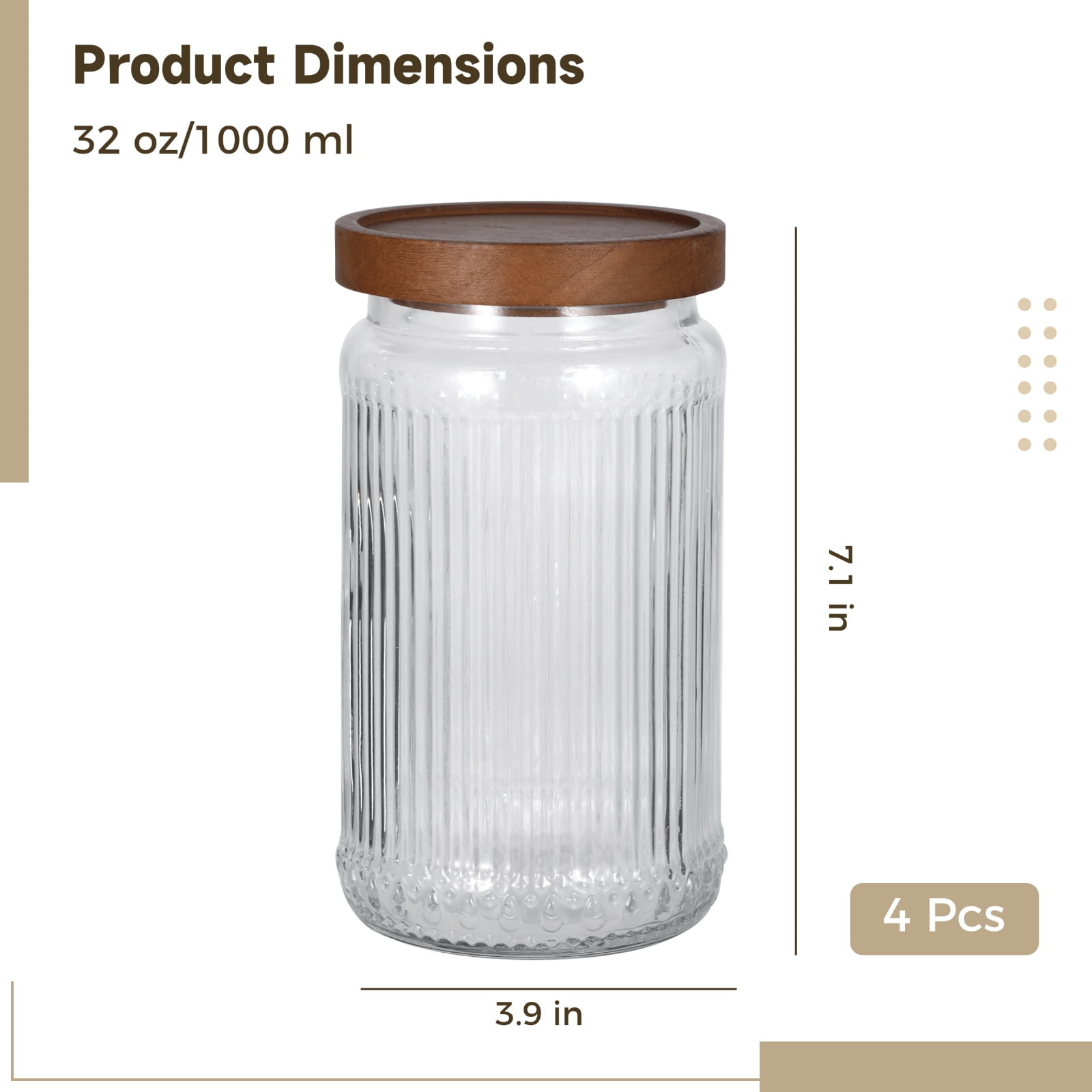 4 Pcs Ribbed Glass Jars with Lids, 32 oz Large Storage Canisters with Airtight Wooden Lids, Vintage Clear Food Storage Containers for Candy, Coffee Beans, Grains, Tea, Sugar