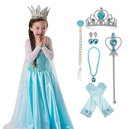Princess Elsa Costumes Birthday Dress Up for Little Girls with Crown,Wig,Gloves Accessories 2-7 Years