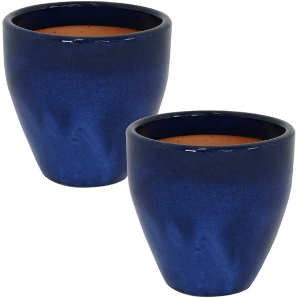 Sunnydaze Jardinières d'Extérieur en Céramique pour Villégiature, à Haute Cuisson, Émaillées, Résistantes aux UV et au Gel, avec Trous de Drainage - Diamètre de 10 Pouces - Bleu Impérial - Lot de 2