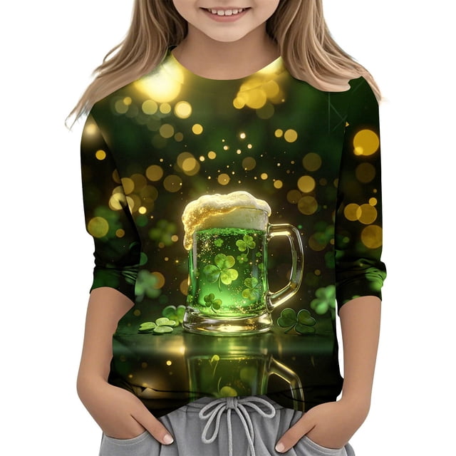 Tauxra Chandail de la Saint-Patrick pour Adultes, T-Shirt à Manches 3/4 Imprimé Col Rond, T-Shirt Graphique Trèfle Décontracté à Manches Longues pour Activités Festives