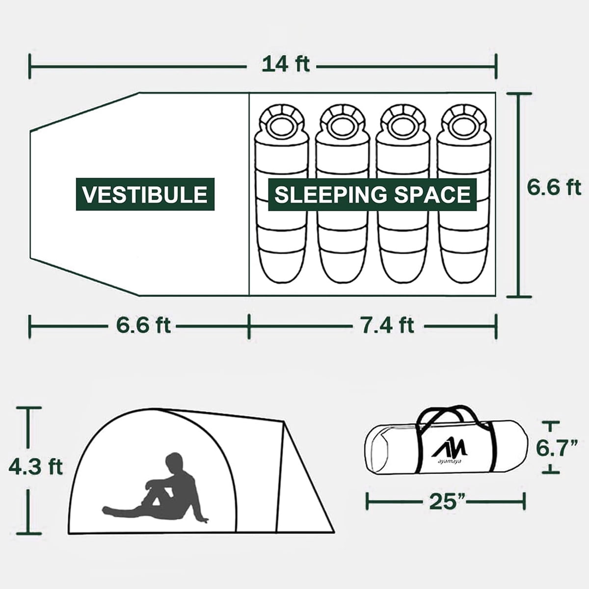 Winter Roomy 3 Person Camping Tent, IC ICLOVER 4 Person Waterproof Tunnel Tent with Vestibule, 2 Devided Rooms Bicycle Tent with Footprint for Backpacking/Motorcycle Travel Hiking