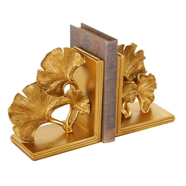 DecMode 7" Ginkgo Tree Gold Polystone Bookends (Set of 2)