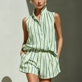 thumbnail image 2 of Clossjun Striped Two Piece Set for Women Spring Summer Casual V Neck Button Sleeveless Top Elastic Waist Shorts Sets, 2 of 7