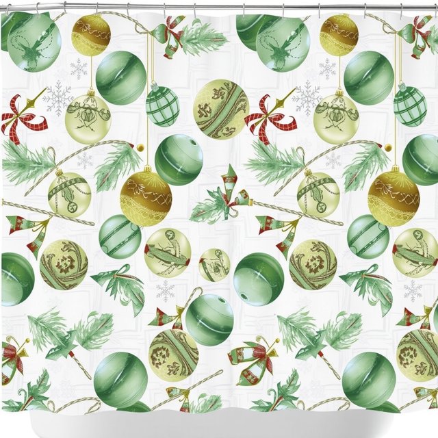 Rideau de Douche Ornements de Noël Vintage Festif - Design Vert & Or