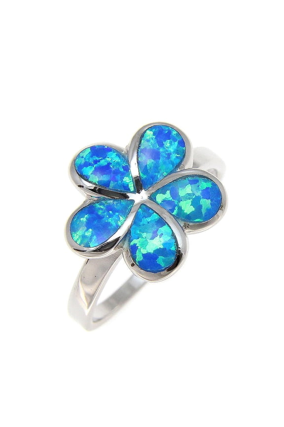 Sterling silver 925 Hawaiian plumeria flower blue synthetic opal ring size 8