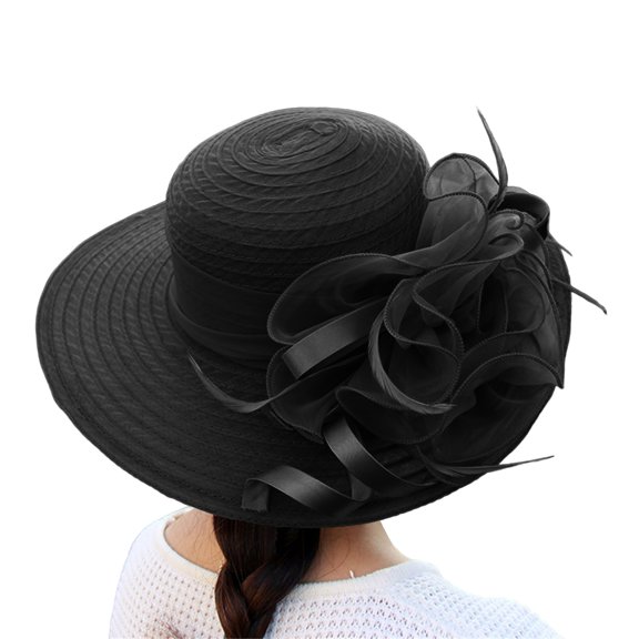 Daolelai Spring and Summer Mesh Sun Hat Organza Flower Temperament Wedding Hat Sun Protection Round Top Large Brim Hat Fashion Hat for Women