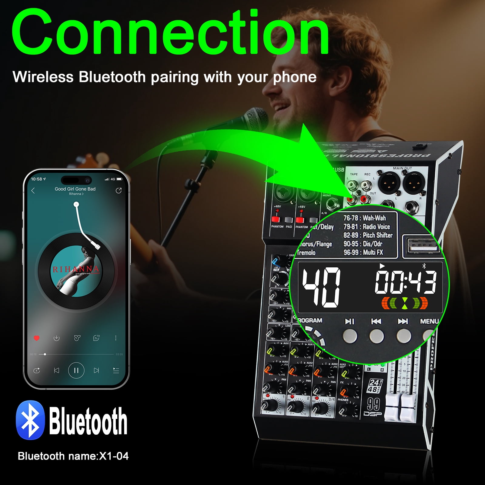 Audio Mixer 4 Channel Professional Sound Mixer Console with 99 DSP Effects, Small Mixing Board DJ Mixer w/USB, Bluetooth, 48V Power Supply, PAD Button for Recording Karaoke PA Drum Live Music