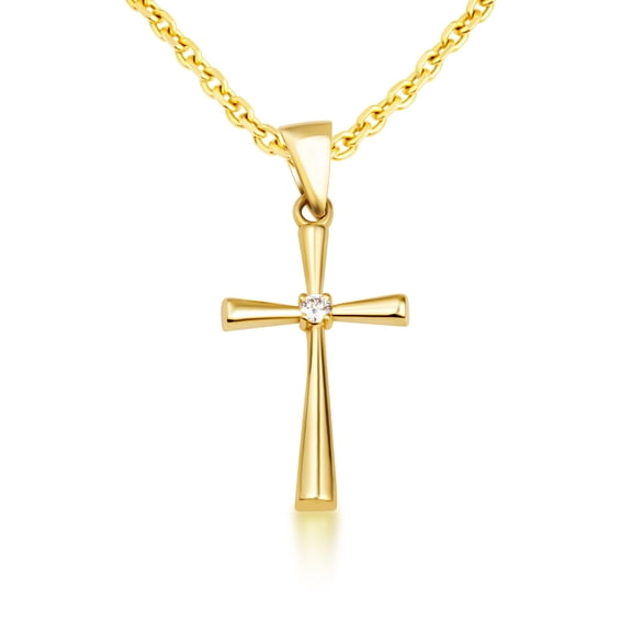 10K Yellow Gold Simple Classic Flared Diamond Cross Pendant Necklace with 16" Chain